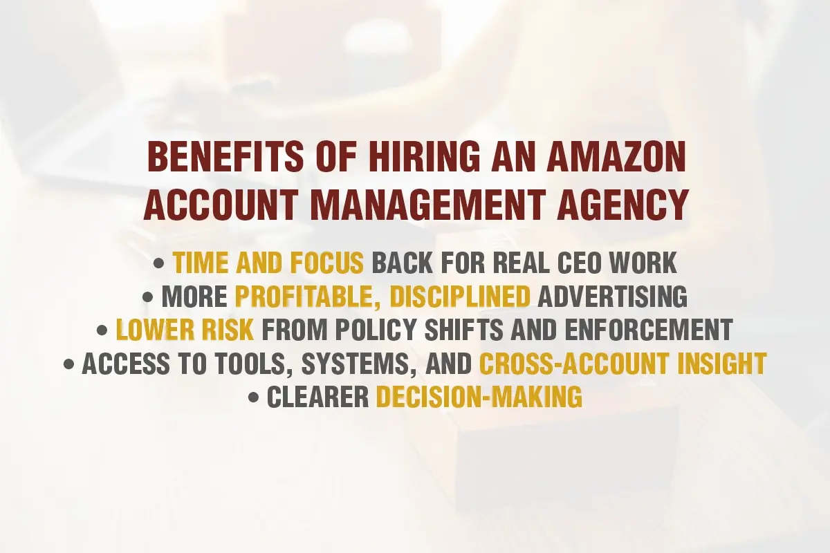 Benefits of hiring an Amazon Account Management Agency highlighted in a bullet list, showing advantages like time and focus back for real CEO work, more profitable disciplined advertising, lower risk from policy shifts, access to tools systems and cross-account insight, and clearer decision-making