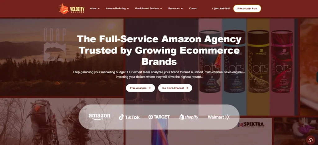 Velocity Sellers homepage hero banner showing the headline The Full-Service Amazon Agency Trusted by Growing Ecommerce Brands with call-to-action buttons and marketplace logos