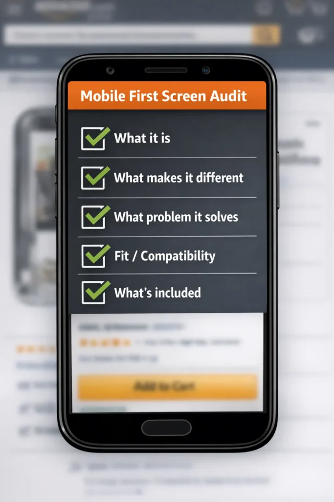 Amazon Listing Audit mobile first screen checklist on a smartphone showing what it is, what makes it different, what problem it solves, fit compatibility, and what’s included
