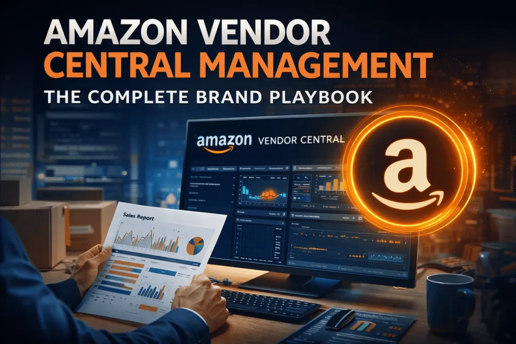Amazon Vendor Central Management dashboard with sales analytics screens, reports, and Amazon branding in a modern workspace
