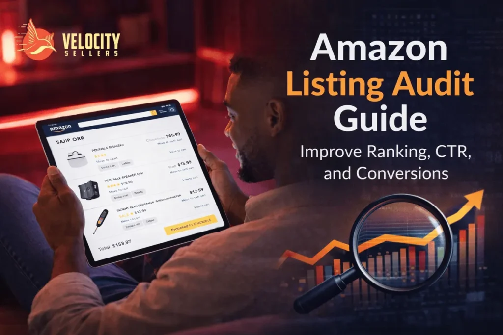 Amazon Listing Audit Guide cover with Velocity Sellers logo, a seller reviewing an Amazon cart on a tablet, and analytics chart showing ranking, CTR, and conversion growth