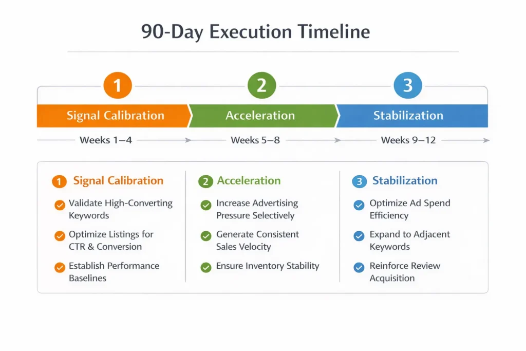 90 day execution timeline infographic showing signal calibration, acceleration, and stabilization phases for marketplace growth