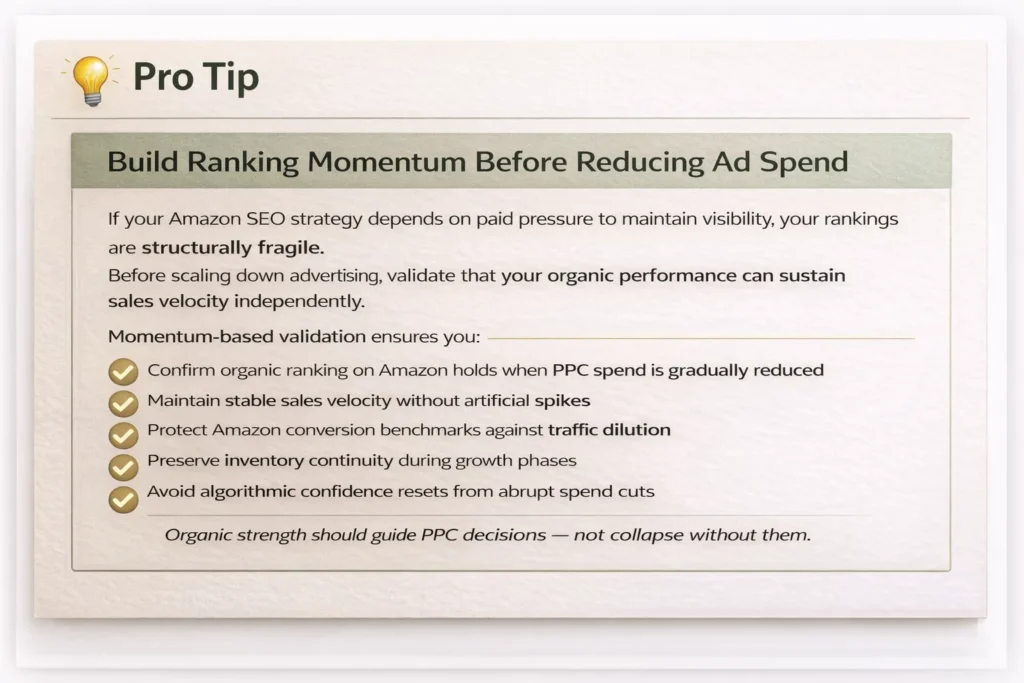 Amazon SEO Strategy pro tip graphic explaining how to build ranking momentum before reducing ad spend