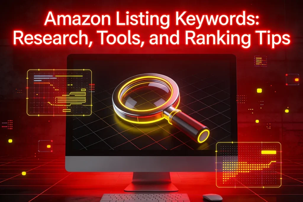 Amazon Listing Keywords research dashboard with magnifying glass over computer screen and ranking analytics visuals