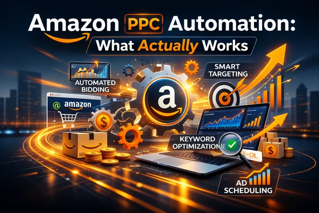 Amazon PPC automation strategy visual featuring automated bidding, smart targeting, keyword optimization, and ad scheduling around an Amazon analytics dashboard