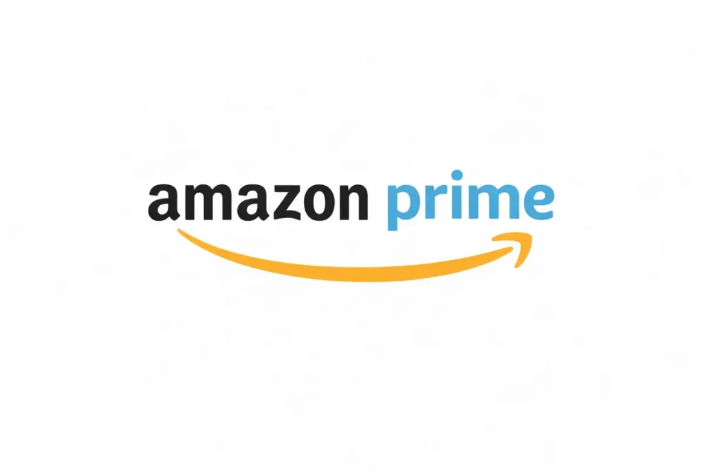 Amazon Prime for sellers logo with blue prime text and signature smile arrow on white background