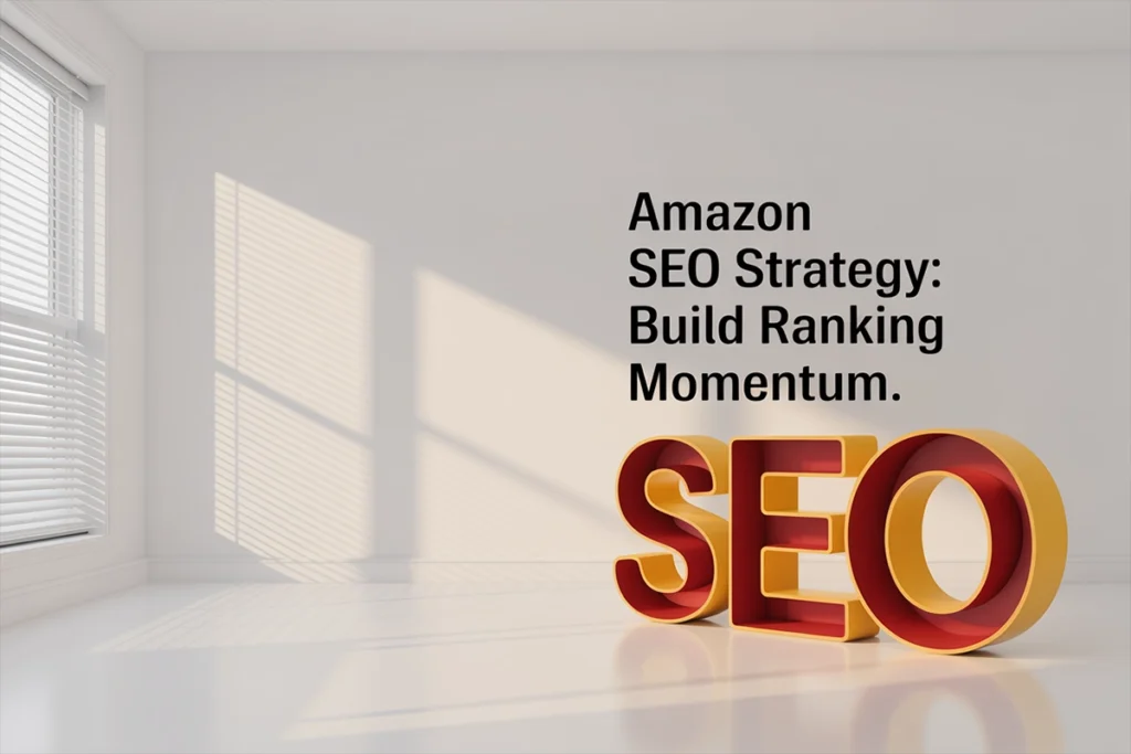 Amazon SEO Strategy concept showing large 3D SEO letters in a minimalist room with natural light and ranking momentum theme