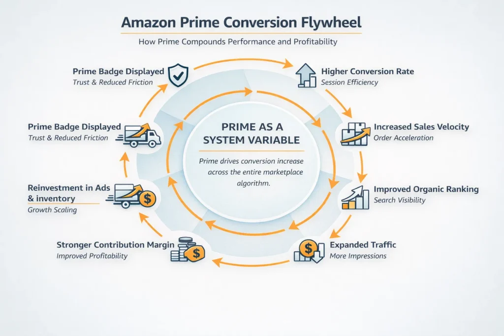 Prime for sellers conversion flywheel diagram showing Prime badge impact on ranking, traffic, and profitability