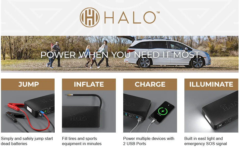 HALO Bolt Air A+ content on Amazon: jump, inflate, charge and illuminate feature modules