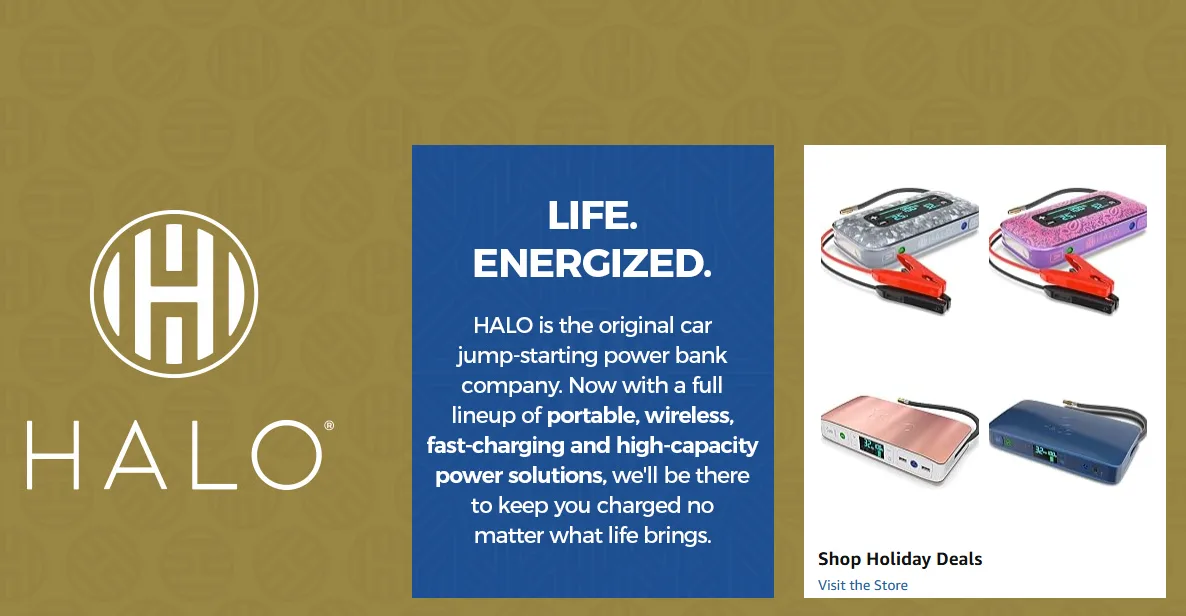 HALO brand banner on Amazon: Life. Energized.