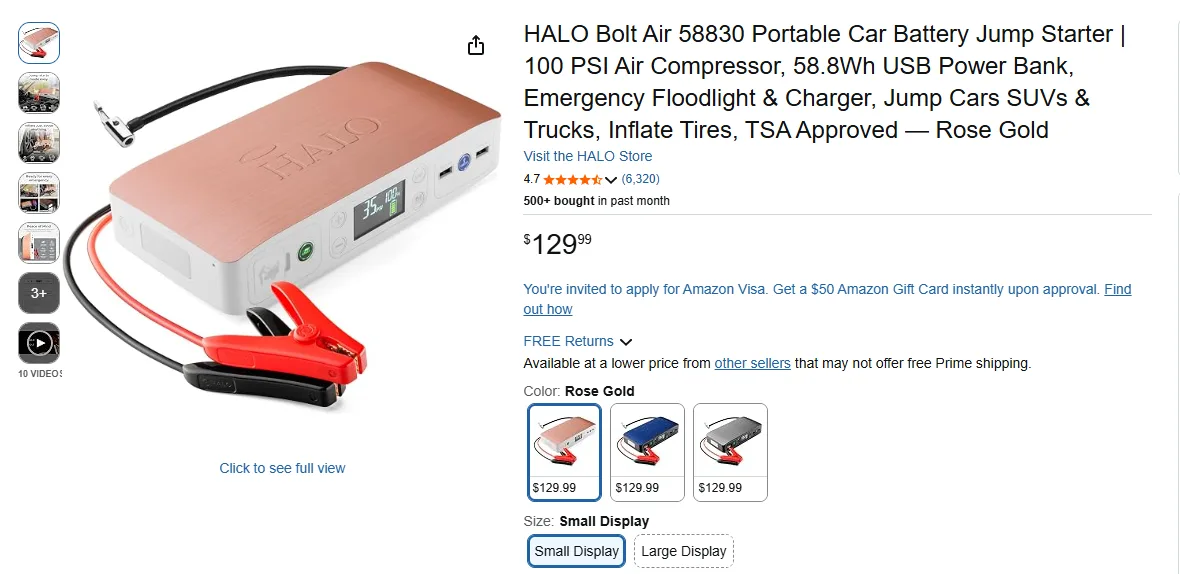HALO Bolt Air product listing on Amazon with color variations and Visit the HALO Store link