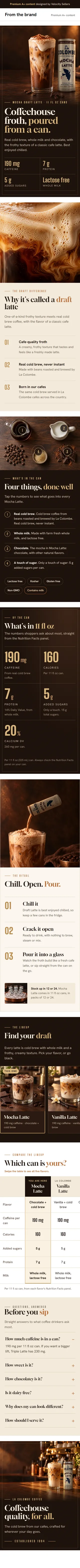 Sample Premium A+ page by Velocity Sellers featuring La Colombe Mocha Draft Latte, on a phone