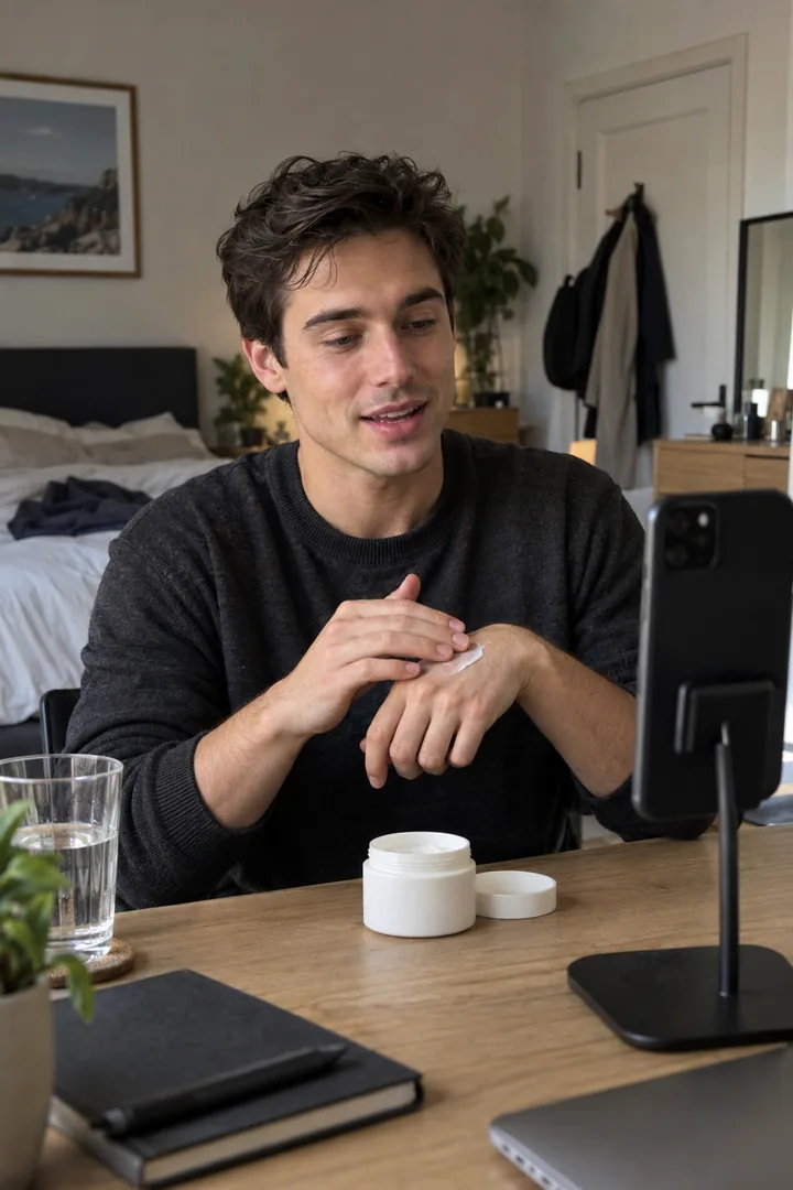 A creator testing a face moisturizer on his hand and talking to the camera