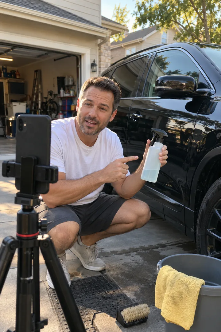 A creator detailing a car and holding a spray bottle to a phone on a tripod
