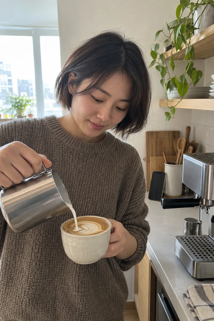 A creator pouring latte art at a home coffee station while filming