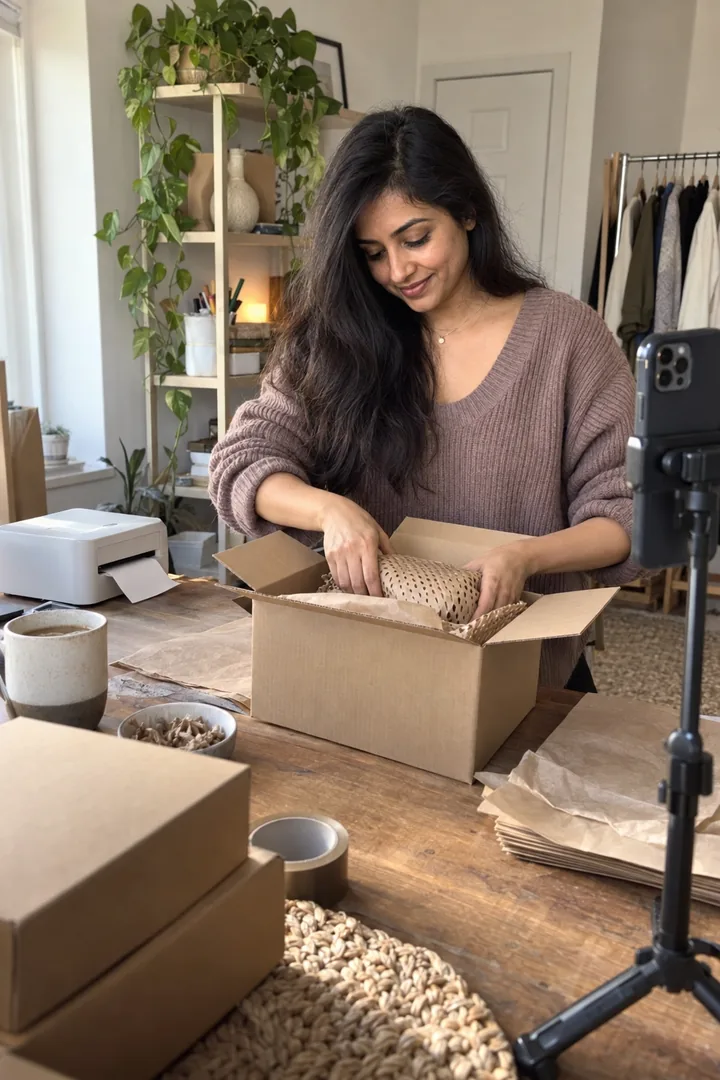 A creator packing orders at a home workspace while filming