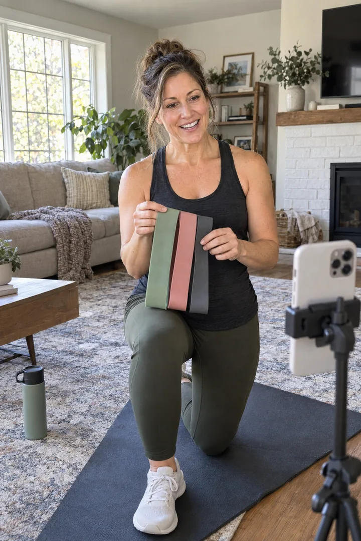 A creator showing resistance bands and a shaker bottle in a home gym