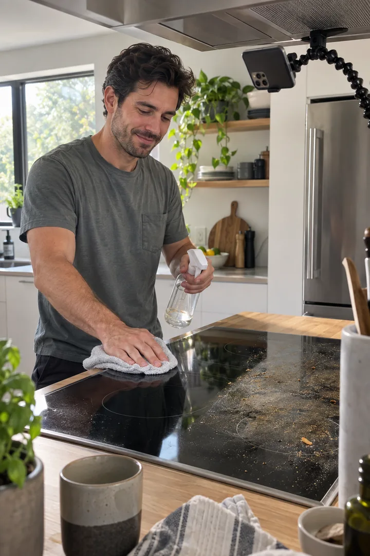 A creator filming a stovetop cleaning demo with a phone mounted above