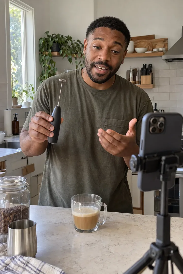 A creator demonstrating a milk frother in his kitchen to a phone on a tripod