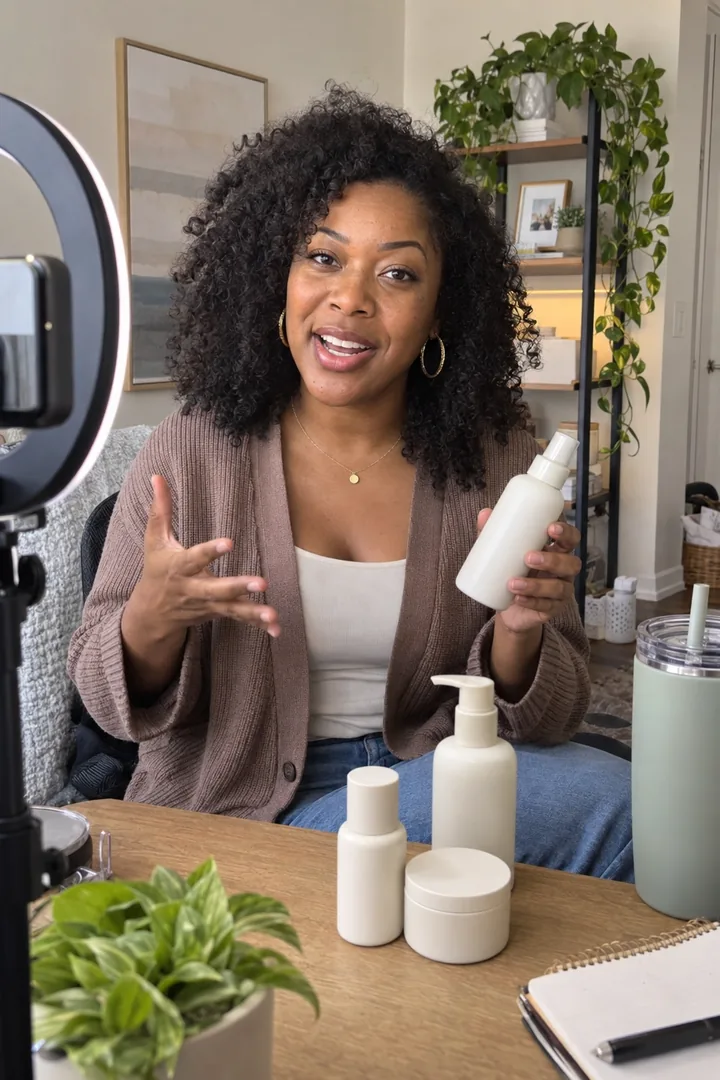 A creator hosting a live shopping stream with a ring light and products on the table