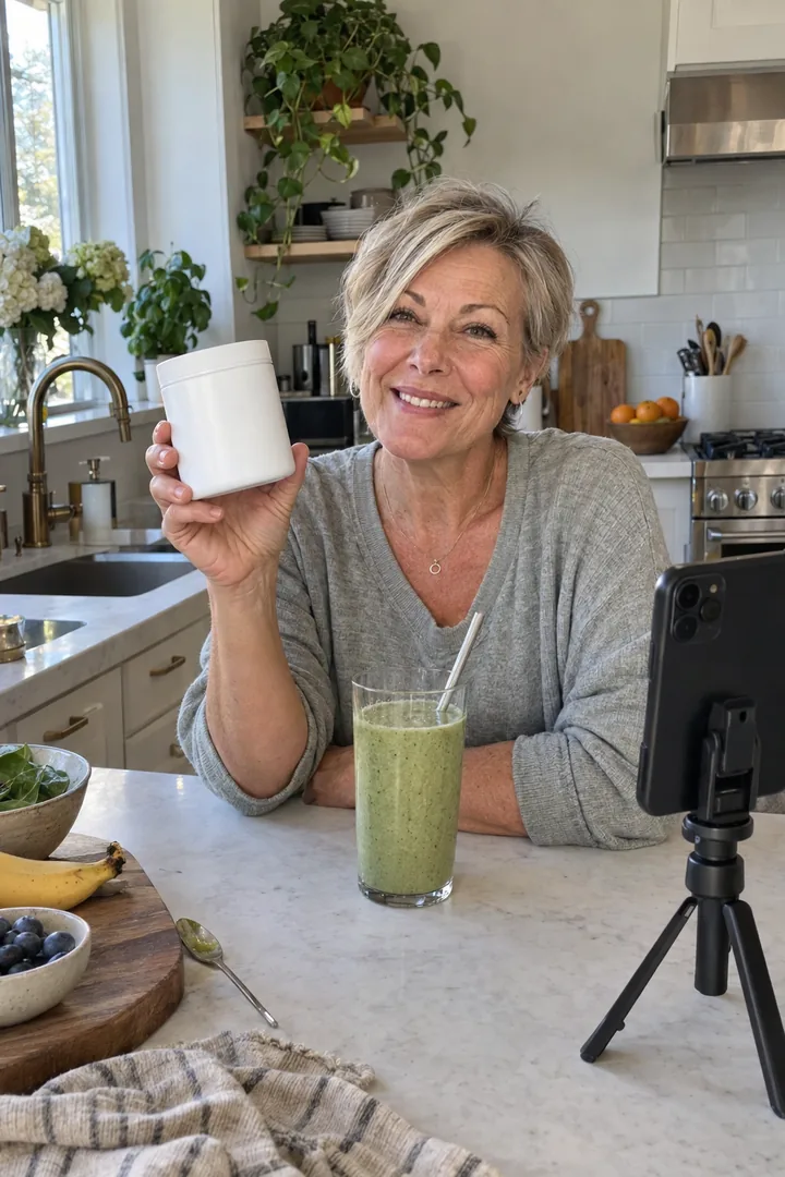 A creator making a smoothie and holding up a supplement tub