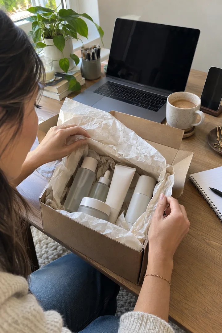 Hands unboxing a skincare set from a kraft box while a phone records