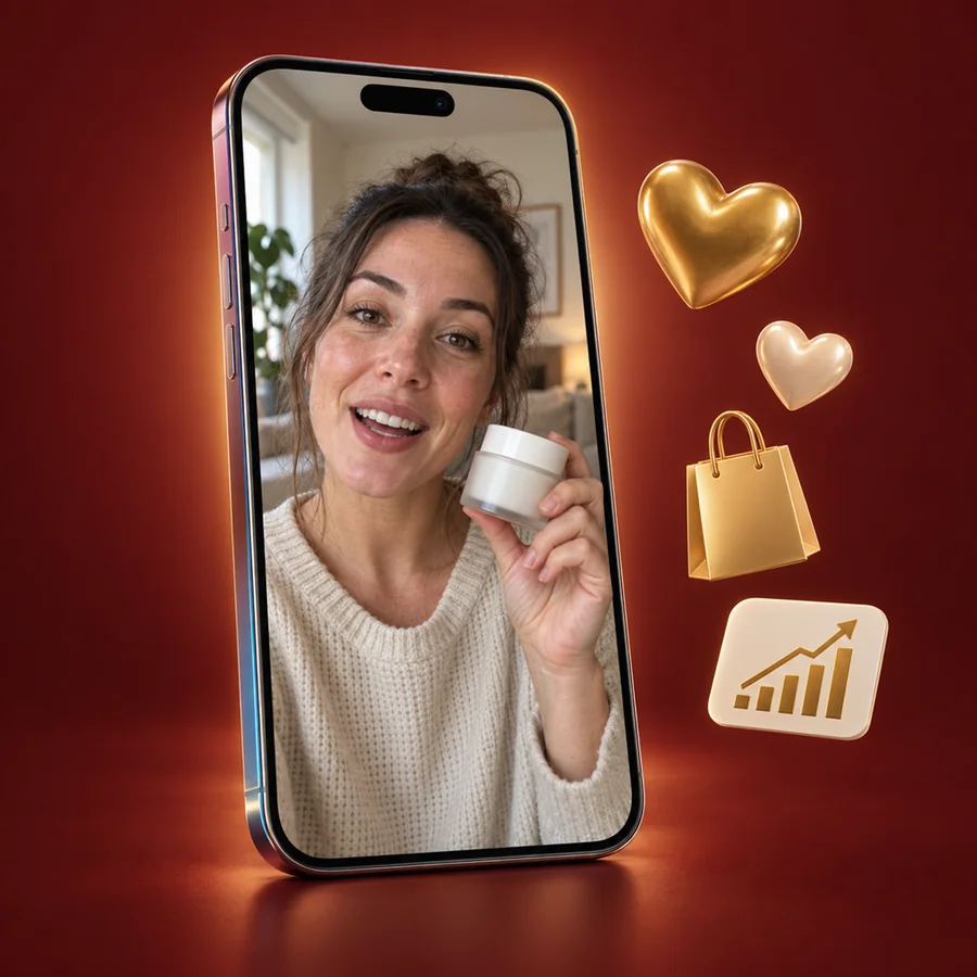 A creator's TikTok Shop video on a phone, with likes, a shopping bag and a rising sales chart